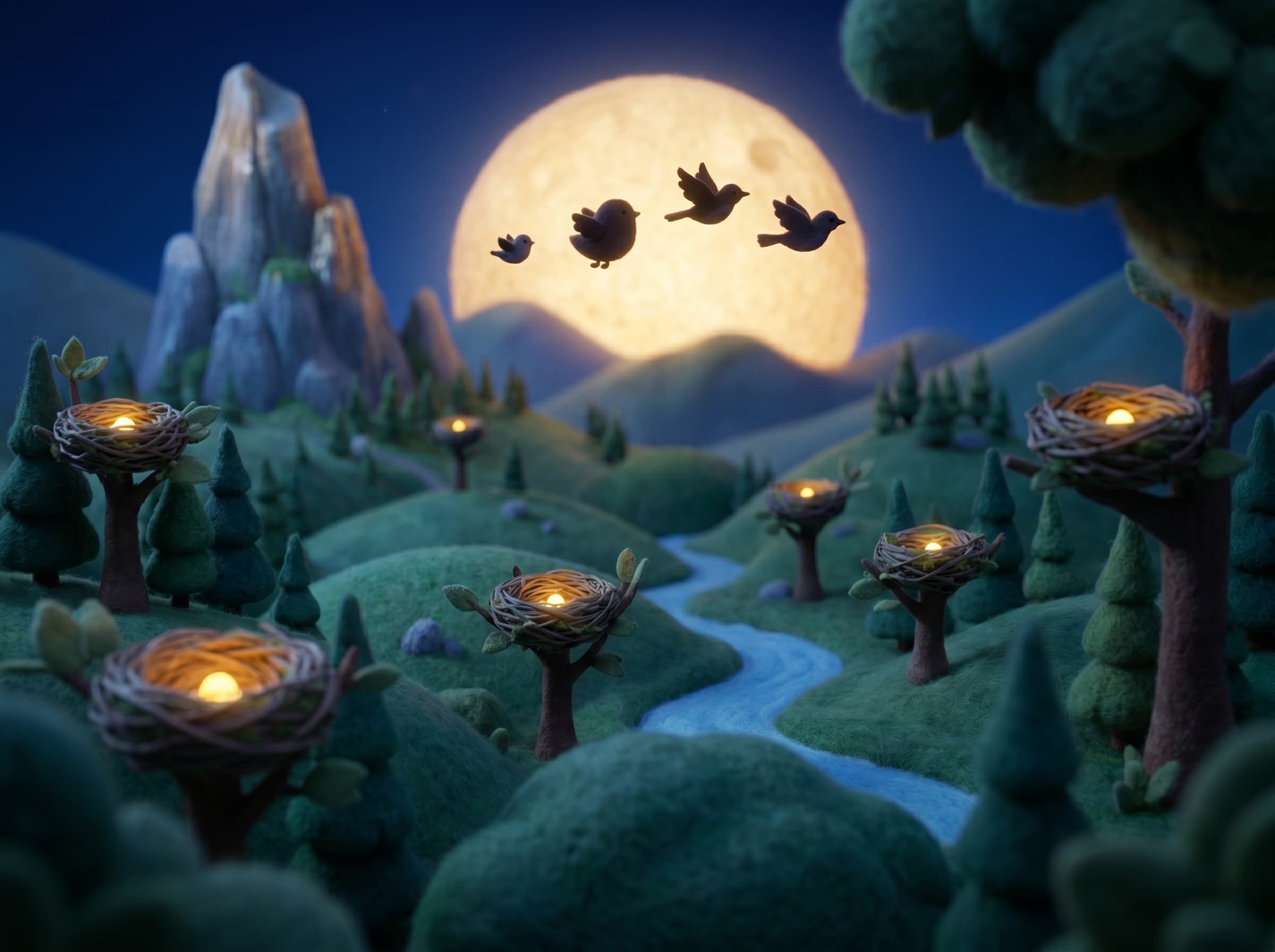 Das Tal bei Nacht: leuchtende Nester unter dem Vollmond