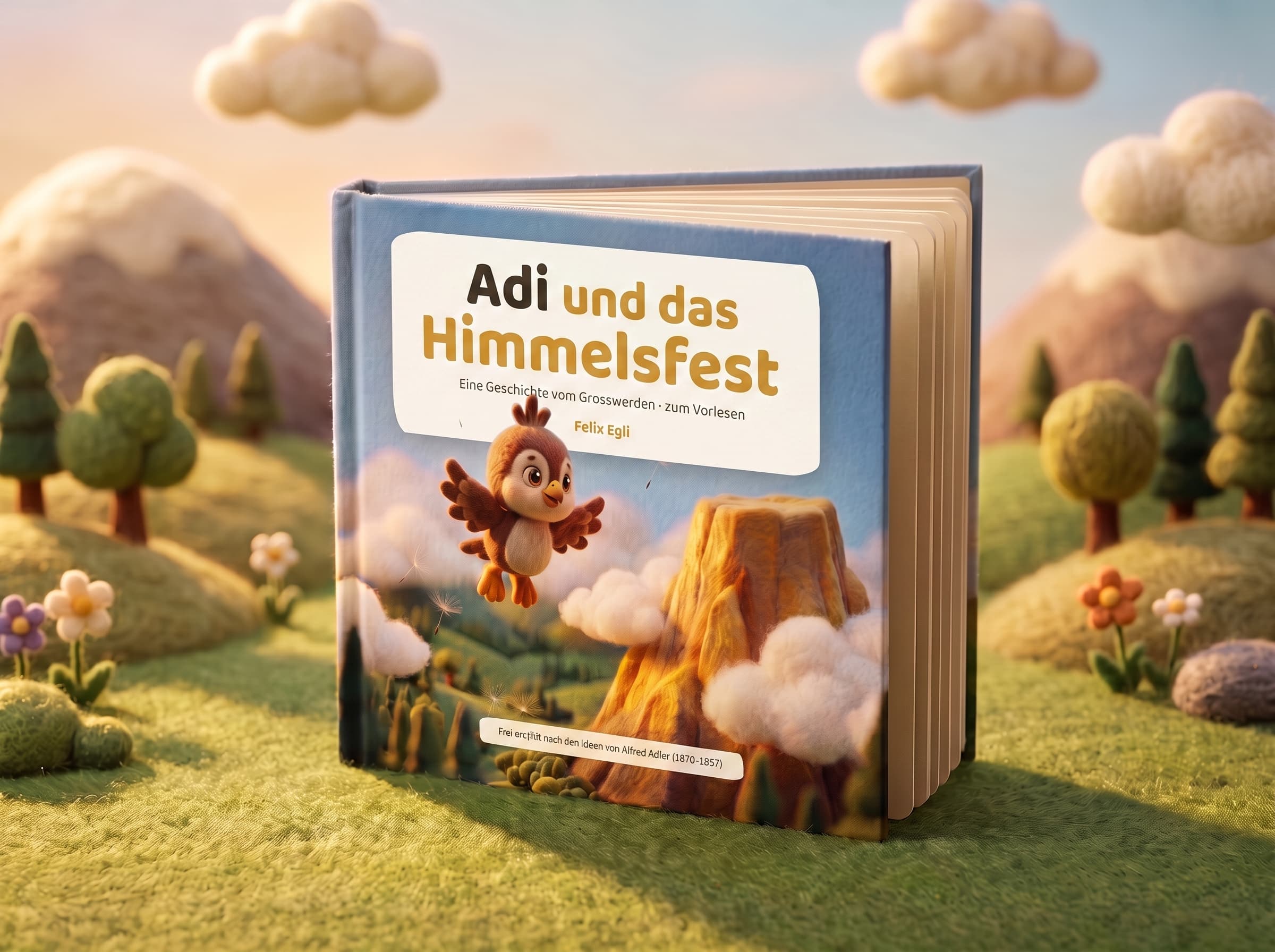Das Hardcover «Adi und das Himmelsfest» steht aufgeschlagen im Filz-Tal
