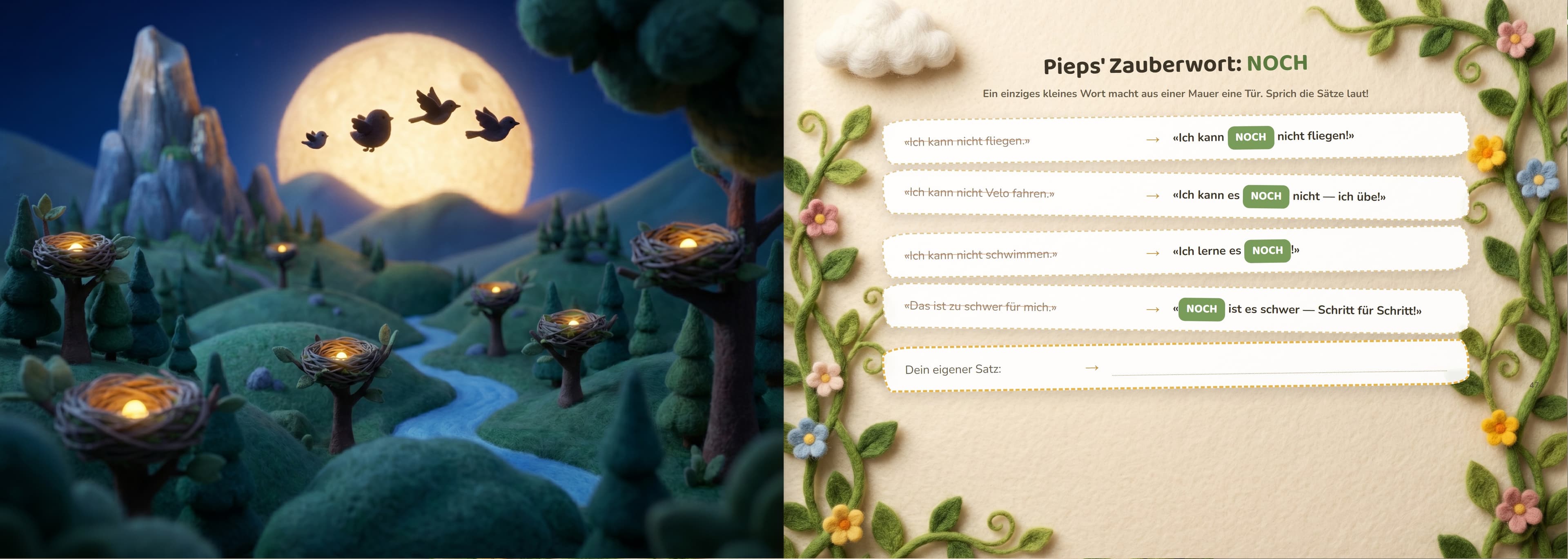 Doppelseite: das Tal bei Nacht mit leuchtenden Nestern und Pieps' Zauberwort NOCH