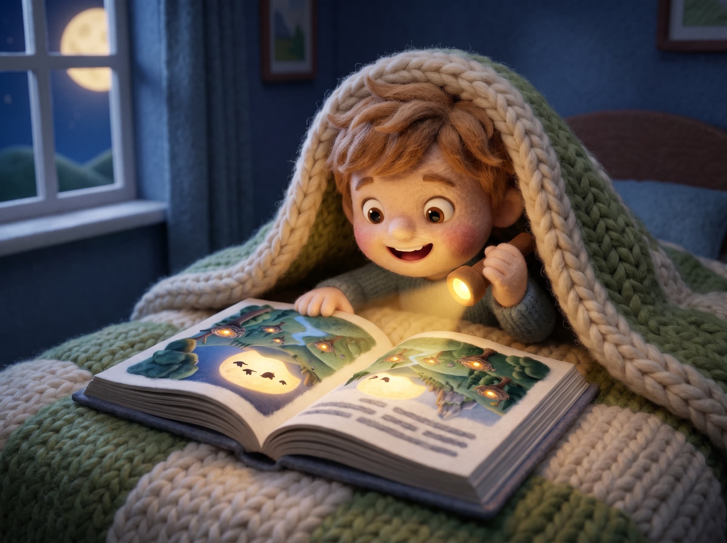Gefilztes Kind liest im Bett mit einer Taschenlampe im Buch