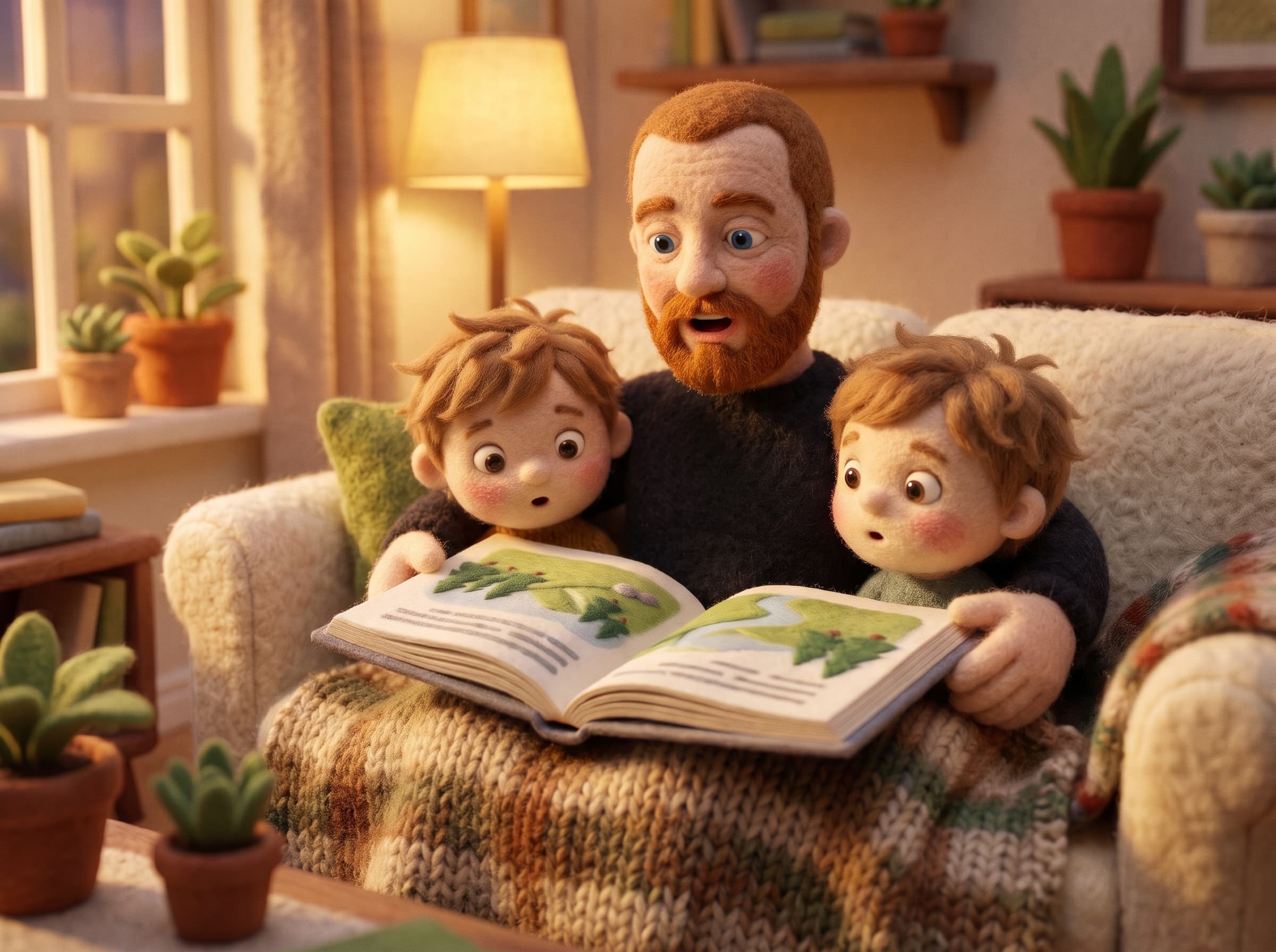 Gefilzter Vater liest zwei gefilzten Kindern aus dem Buch vor